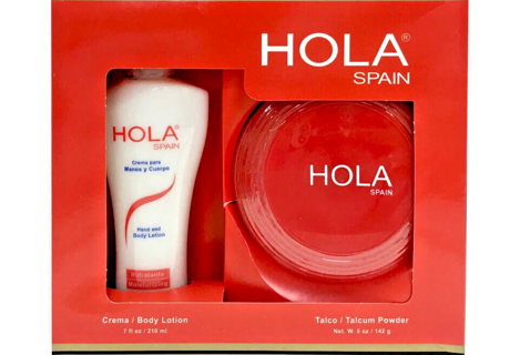 HOLA SPAIN 2 Piece GIFT SET 5 oz Powder Duster Puff 7oz Hand Body Lotion NWT