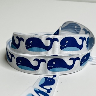 White & Blue Whale Print Grosgrain 5/8” Wide Ribbon 