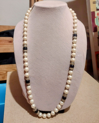 Vintage Beaded Necklace Faux Pearl Onyx Beads with Rhinestone Spacers 33"