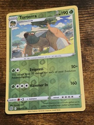 Pokemon Torterra reverse holo rare card 008/172