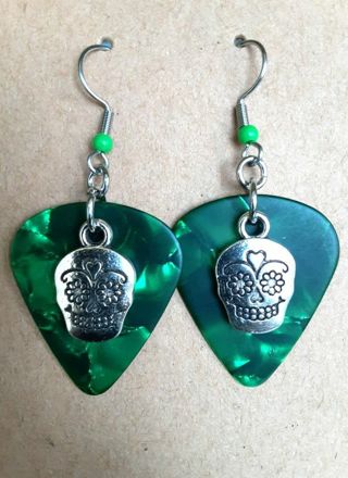 Sugar Skull Green Guitar Pick Earrings B-10