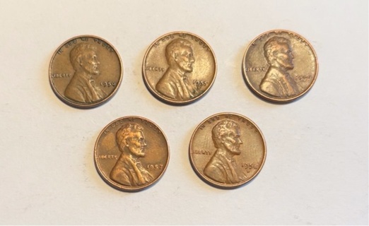 5 Different 1950’s Wheat Pennies 