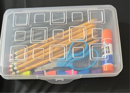Brand New School / Office Lot: Scissors, Pens, Glue Stick, Pencils, Erasers In A Clear Carry Case