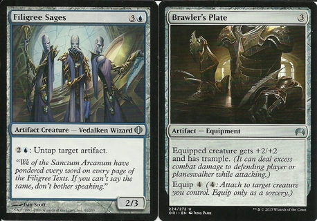 2 MTG Cards:  Filigree Sages 44/249 NM Shards of Alara,Magic Origins Brawler's Plate 224 