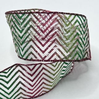 Red & Green Zig Zag Glittery2.5” Wire Edge Ribbon 