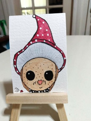 ACEO Original, Watercolor Painting 2-1/2"X 3/1/2" Baby Bird With Mushroom Cap Hat by Artist Marykay 