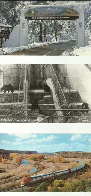 1950's Three Vtg Postcards: Santa Fe Railway Trip, Photo Card Bear Pit at Cheyenne Zoo & More