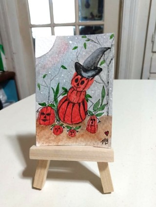 ACEO Original, Watercolor Painting 2-1/2"X 3/1/2" Pumpkin Family by Artist Marykay Bond