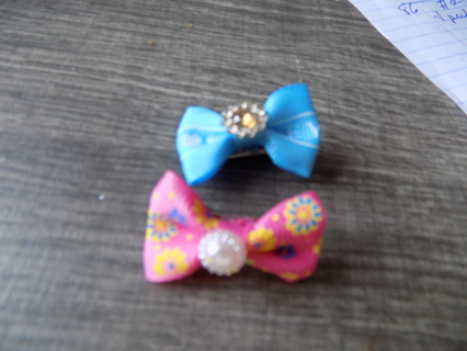 Doggie Hair Bows Set # 2 baby blue with yellow star, pink flowered with pearl stone