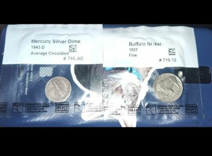 2 Coins 1943-D Mercury Dime 90% Silver and 1937 buffalo nickel