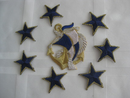 1 Anchor & 7 stars iron on patches, cloths decor, new out of package.