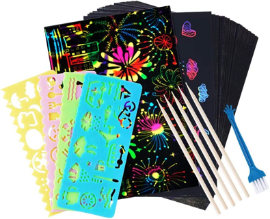 (50 PCS) Rainbow Magic Scratch Paper Black Scratch Off Art Crafts Notes Sheets Birthday Gift 