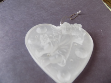 Frosted acrylic heart shape ornament with 3 D angel basket of fruit and holds wreath