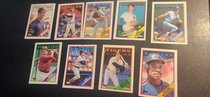 1988 Topps Baseball Cards 9 Card Lot - Barry Bonds - Cal Ripkin - Al Leiter - Billy Bean