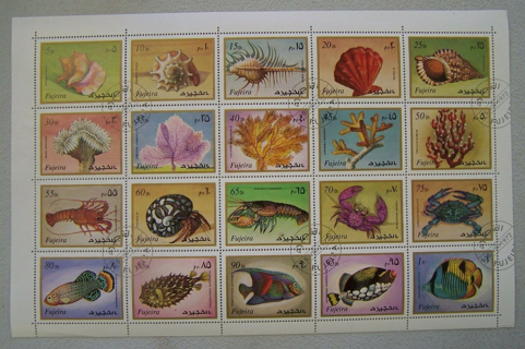 1972 - Creatures of the Sea, Sheet of 20 Stamps - Shells, Coral, Fish - Fujeira