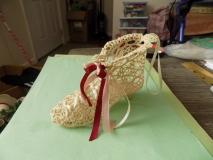 hand crocheted starched stiff High heel shoe ornament trim in ribbon