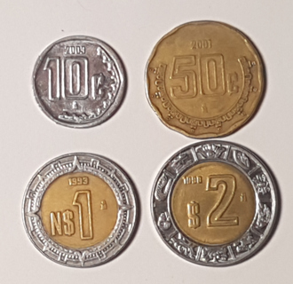 4 Coin Mexico 10 50 centavos 2001 2003 1 Peso 1993 2 Pesos 1998