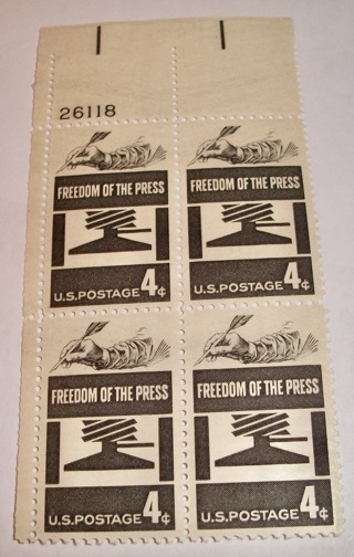 Scott #1119, Freedom of the Press, Pane of 4 Useable 4¢ US Postage Stamps