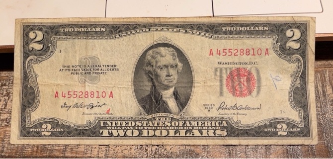 Vintage Series 1953 A Red Seal Two Dollar Bill