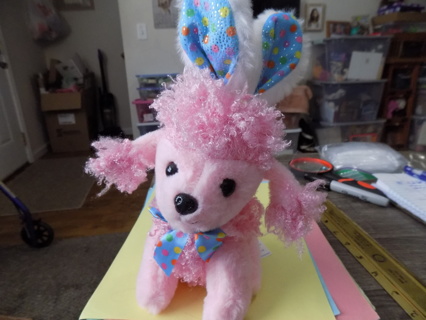 10 inch tall pink French Poodle dog plush wears bunny ears, & polka dot bow on neck