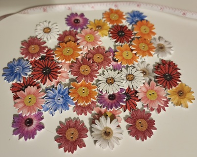 NEW - Painted Wood Flower Buttons - 47 in package - 2 hole