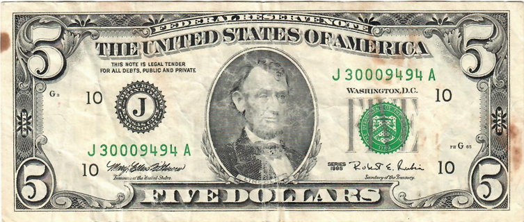 $5 Bill series 1995 "Small Portrait" 28 Years Old NICE! P20