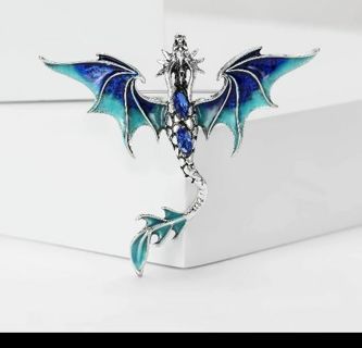 Beautiful Blue Enamel And Bejeweled Flying Dragon Brooch New