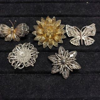 5 vintage sterling silver pins handcrafted artisan