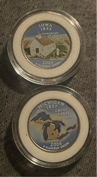 2004-D Michigan & Iowa Colorized State Quarters With Capsules 