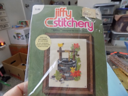 Vintage 1975 Jiffy Stitchery Kit NIP Wishing Well with yellow bird and flowers