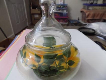 Clear glass Apothecary jar with yellow flowers inside 6 inch round