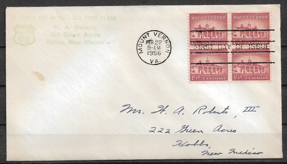 1956 Sc1032 1½¢ Mount Vernon block of 4 FDC