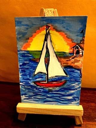ACEO Original Art Card Sunset Boat Drifting, signed