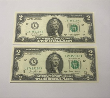 Two Dollar Bills Sequential 2017 Series A * Super Crisp! Very nice !