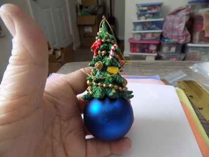 Vintage blue glass ball ornament with 3D decorated tree on top