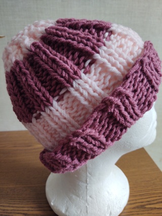 Hand Knit Rose and Pink Striped Hat 