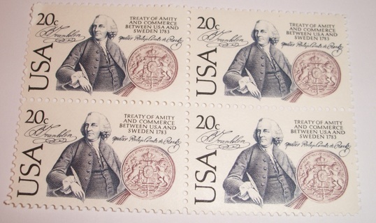 Scott #2036, US & Sweden, Pane of 4 Useable 20¢ US Postage Stamps