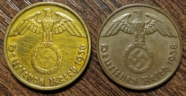1936 & 1938 Nazi Germany Reichpfennigs Full bold dates!