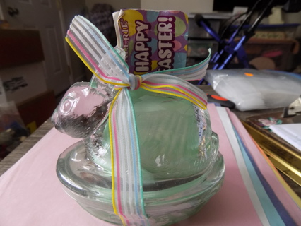 NIP clear glass bunny sitting on a basket jelly bean holder tied pastel ribbon