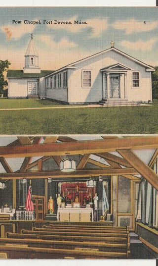 Vintage Used Postcard: 1942 Post Chapel, Fort Devens, MA