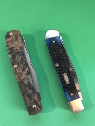 2 CASE TRAPPER POCKET KNIVES/ BLUE JIGGED BONE AND CAMOUFLAGE