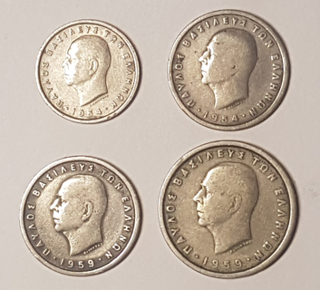 Lot 4 Coin Greece 50 Lepta 1 Drachma 2 Drachmai 1954 1959