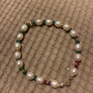 Artisan made 14k genuine pearl, emerald and ruby bracelet 