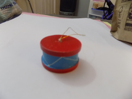 Wooden mini drum ornament blue and red with gold stripes