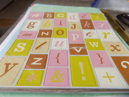 NIP pin, brown green, tan cardboard alphabet letters scrapbooking 6 sheets