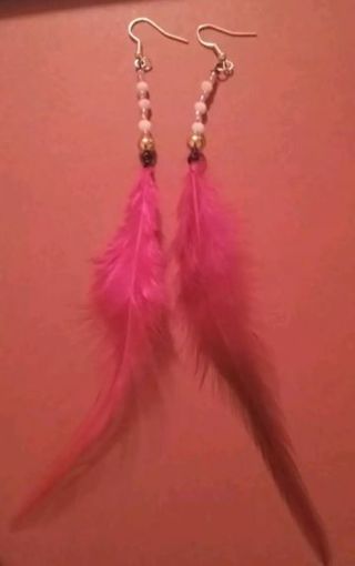 Long pink feather crystal beaded hook earrings new