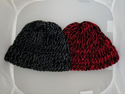 Set of 2 Handmade Loom Knit Hats Black & Gray, Black & Red