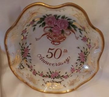 LEFTON 1989 Glass 6" Fluted Gold Edge 50th ANNIVERSARY DISH with Roses