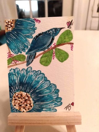 ACEO Original, Watercolor Painting 2-1/2"X 3/1/2" Whimsical Flowers & Bird by Artist Marykay Bond