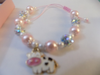 Gift boxed new adjustable bracelet enamel cow charm pink & white beads,rhinestones